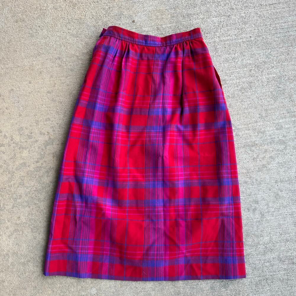 Vintage Pendleton Plaid Red Purple Fuchsia A Line Pencil Midi Skirt Petite Sz 8